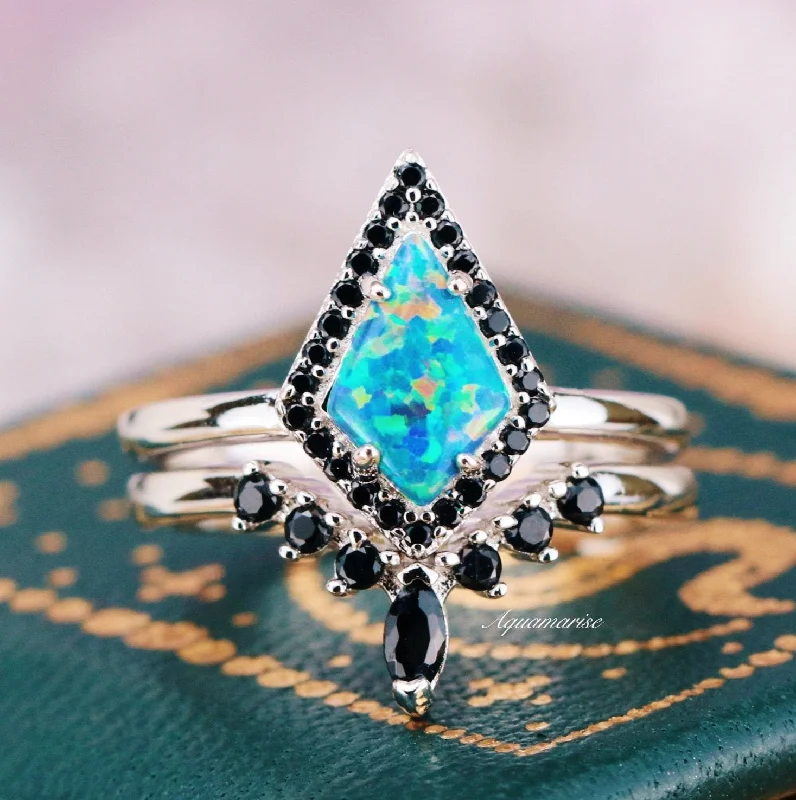 Blue/ Green Fire Opal & Black Onyx Kite Ring Set- 925 Sterling Silver