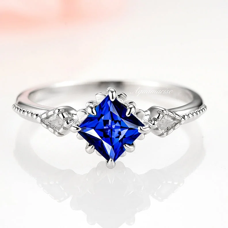 Princess Cut Blue Sapphire Engagement Ring- 925 Sterling Silver