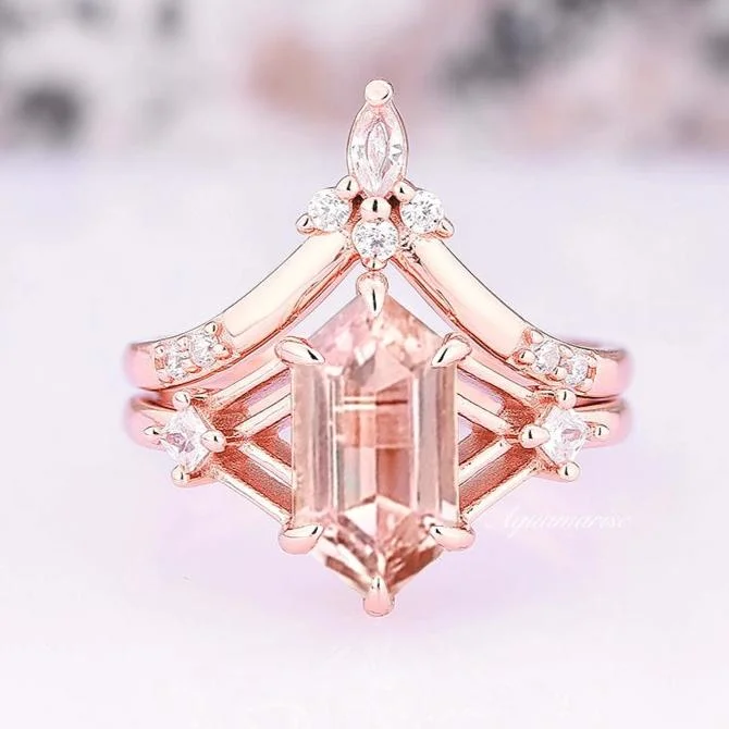 Celtic Hexagon Morganite Ring Set- 14K Rose Gold Vermeil