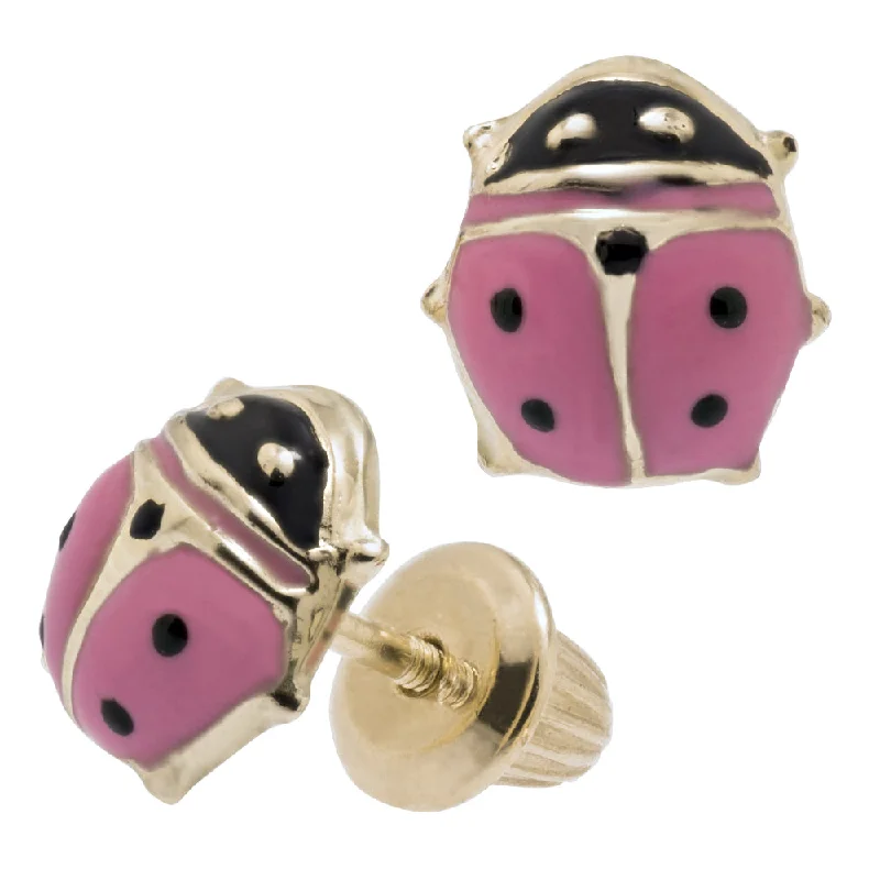 Children's 14k Gold Pink Lady Bug Earrings