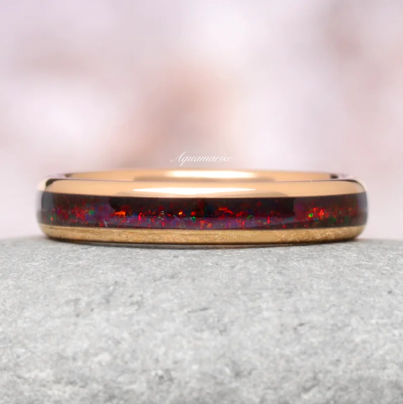 Crushed Black Fire Opal Wedding Band- 4MM Rose Gold Tungsten