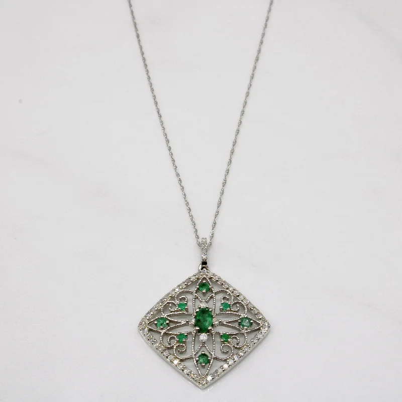 Diamond & Emerald Lattice Pendant & Necklace | 0.35ctw, 0.14ctw | 18" |