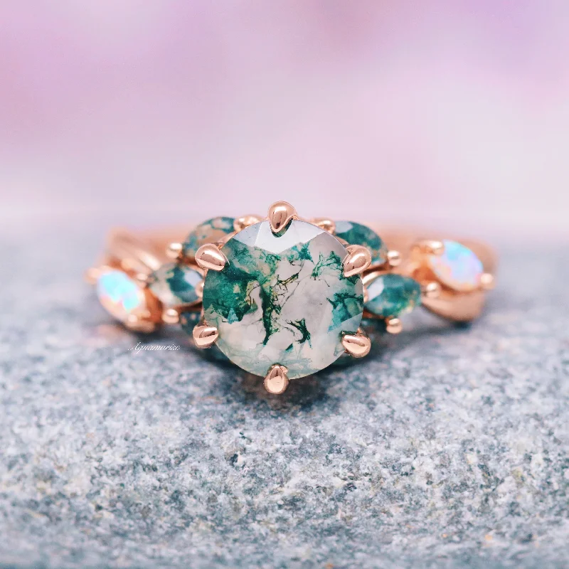 Enchated Garden Green Moss Agate & Fire Opal Ring- 14K Rose Gold Vermeil