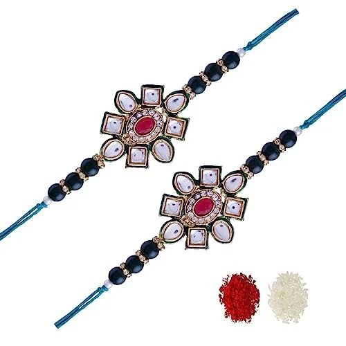 Luxury Jewelry Without The Luxury Price Tag Etnico I Jewels Ethnic Designer Pearl Beads Kundan Studded for Rakshabhandan Rakhi Bracelet with Roli Chawal for Brother/Men(R080G-2) Pack of 2 Rakhi