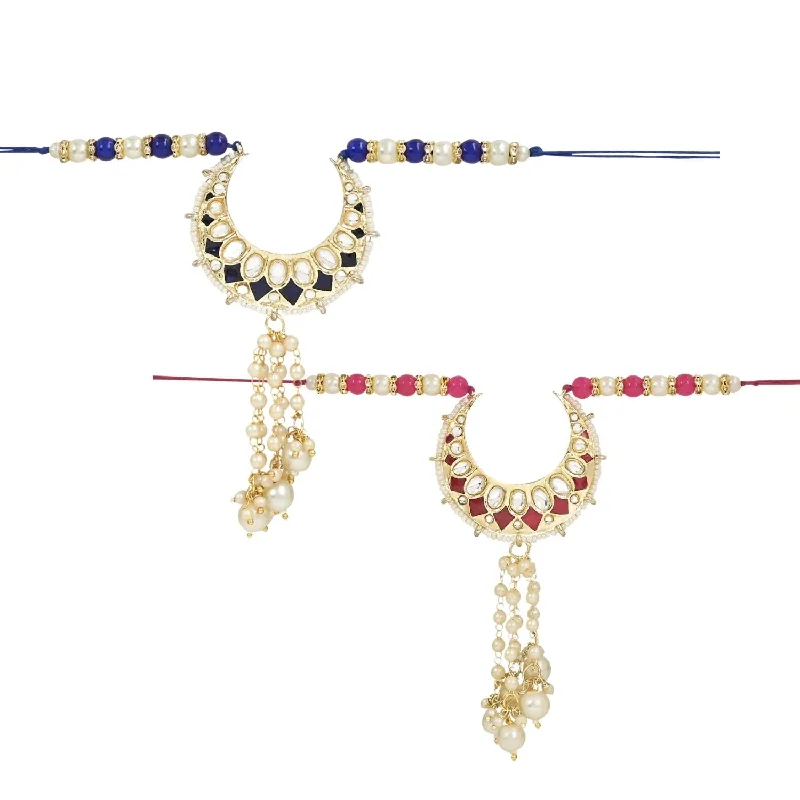 Exclusive Jewelry Bundles At Discounted Rates Etnico I Jewels Rakshabandhan Designer Handcrafted Meenakari Kundan Pearl Hanging Lumba Rakhi For Bhabhi/Sister (R105Q-BL-LCO)