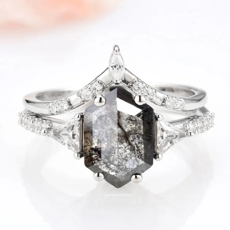 Galaxy Raw Salt & Pepper Diamond (Herkimer Diamond) Hexagon Ring Set- 925 Sterling Silver