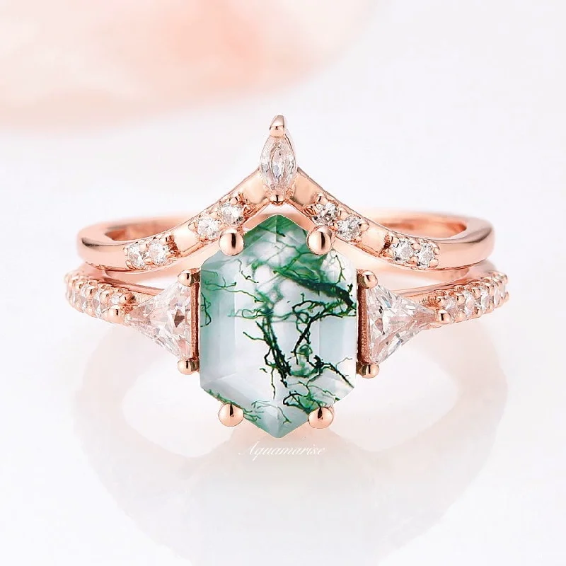 Stunning Jewelry At A Fraction Of The Price Hexagon Green Moss Agate Ring Set-14K Rose Gold Vermeil