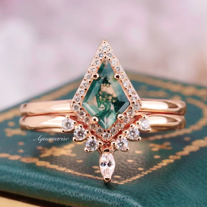 Exclusive Jewelry Offers – Sparkle For Less Kite Green Moss Agate Ring Set- 14K Rose Gold Vermeil