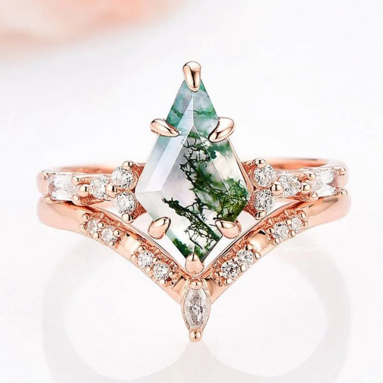 Kite Green Moss Agate Ring Set- 14K Rose Gold Vermeil