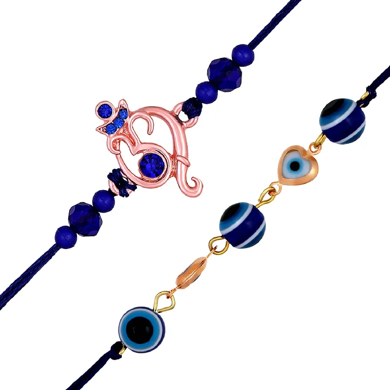 Shine Bright With Our Special Jewelry Promotions Mahi Ganesha and Evil Eye in Heart Combo of 2 Rakhis with Blue Crystals for Bhaiya (RCO1105526M)