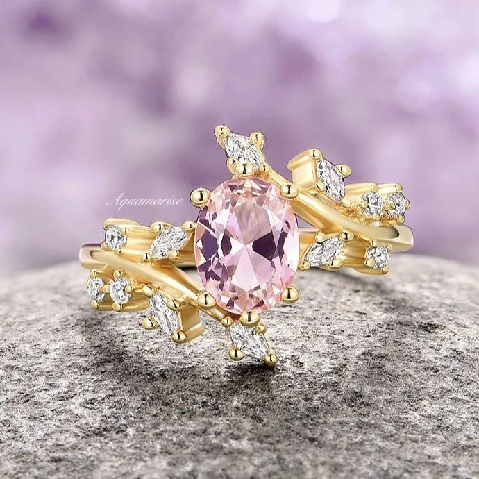 Morganite Leaf Fairy Engagement Ring- 14K Yellow Gold Vermeil