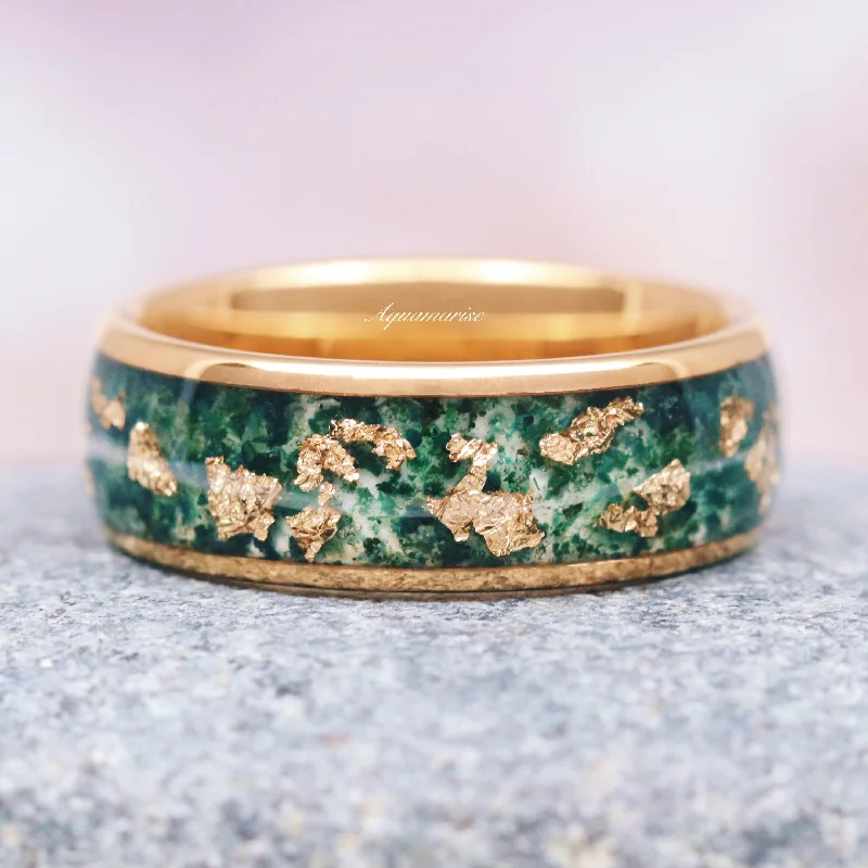 Moss Agate & Gold Leaf Wedding Band- 8MM Yellow Gold Tungsten