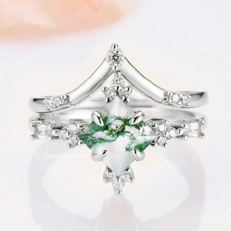 Natural Green Moss Agate Ring Set- Sterling Silver