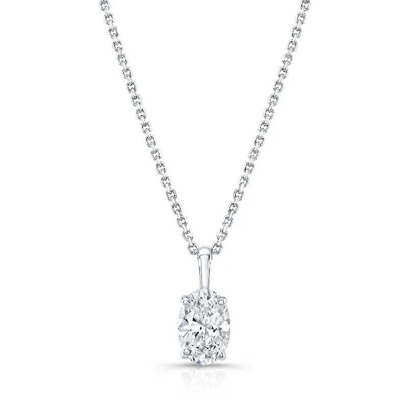 Oval Diamond Solitaire Pendant In A 14k White Gold Fleur De Lis Setting, 0.75ct. T.w. (hi, Si1-si2)