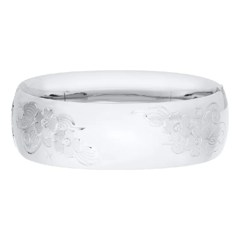 Sterling Silver Wide Floral Engraved Bangle Bracelet