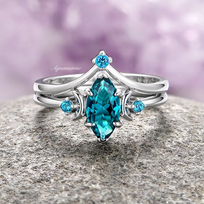 Teal Sapphire Moon Ring Set- Sterling Silver