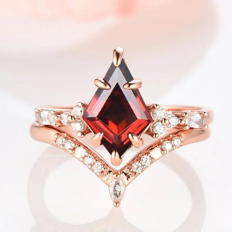 Kite Red Garnet Engagement Ring Set- 14K Rose Gold Vermeil